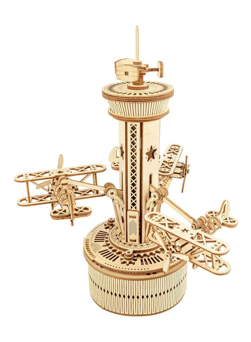 3D Wooden Puzzle Airplane Tower Music Box - DIY Mechanical Biplane Toys Building Kit 10 - Image 1